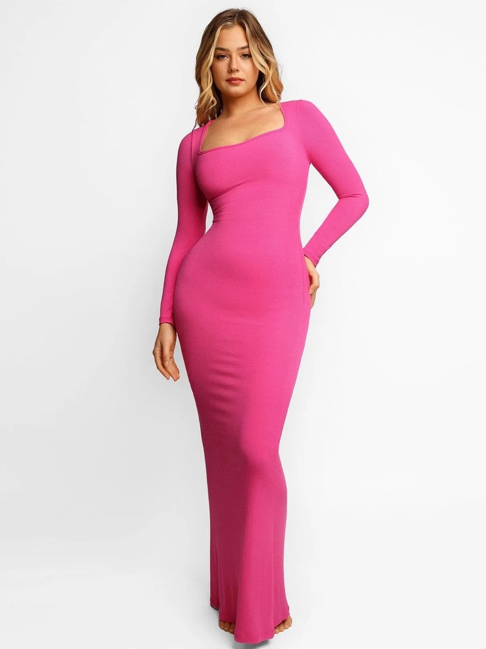 Popilush Shapewear Square Neck Long Sleeve Slimming Modal Maxi Dress